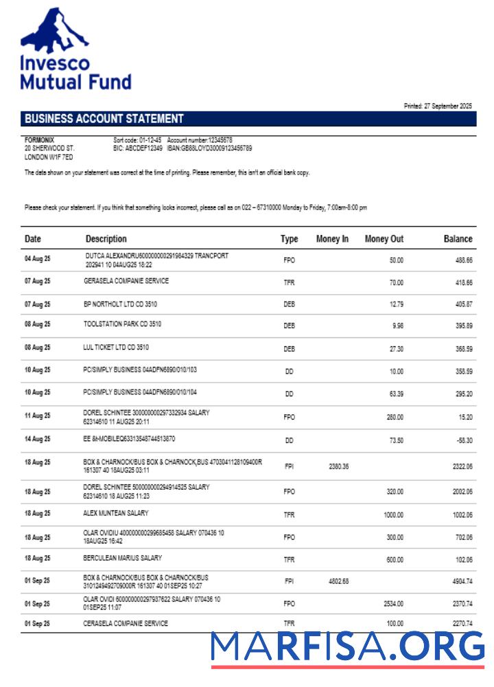 Printable Invesco Mutual Fund company checking account statement Word and PDF template